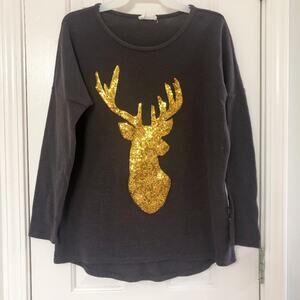 STYLE ROCK • Gold Sequins Deer Stag Brown Fleece Tunic Top